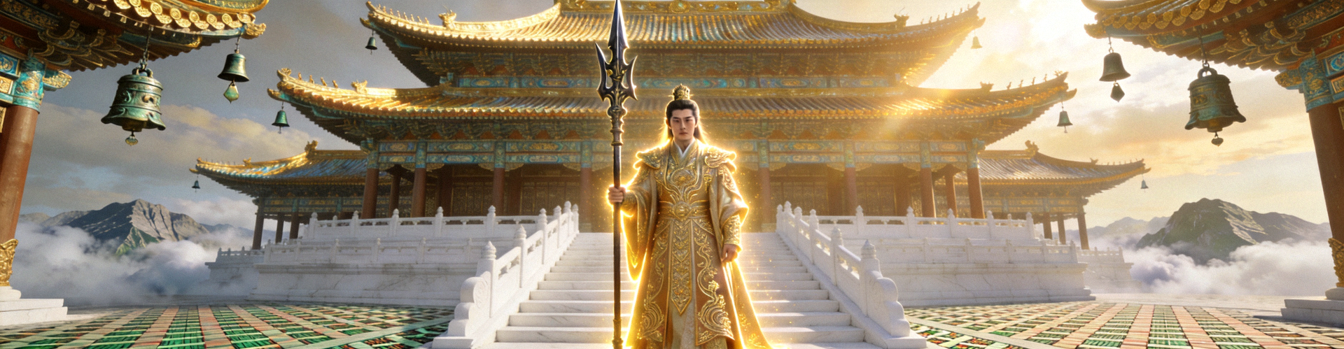 古装玄幻剧《九州缥缈录》精美剧照，角色身着华服在宏大殿堂前