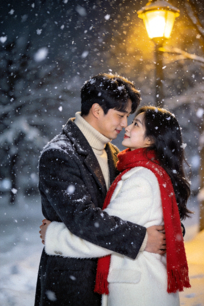 韩剧《冬日恋歌》经典场景，雪花纷飞中男女主角的深情拥抱