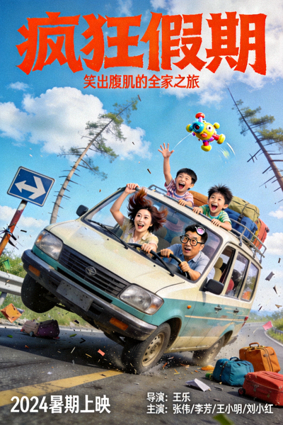 喜剧电影《疯狂假期》海报，一家人在旅途中各种搞笑混乱的场面